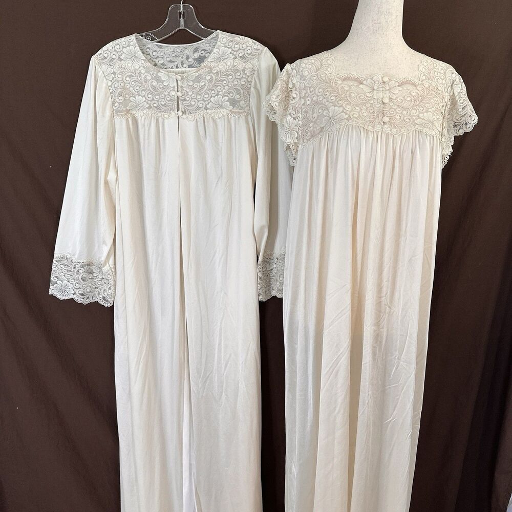 VTG Shadowline Nightgown Chiffon Lace Lingerie Dressing Robe Peignoir Set LARGE